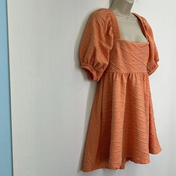 Free People - Orange Square Neck Puffy Sleeves Fun Design Mini Swing Dress Sm - Picture 3 of 9